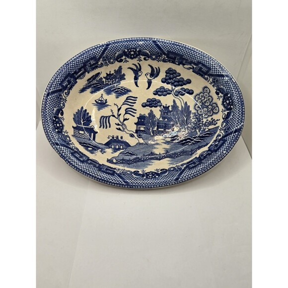 Antique Blue Willow Oval Veg. Serving Bowl 10 Inch, Japan Chip - Picture 8 of 15